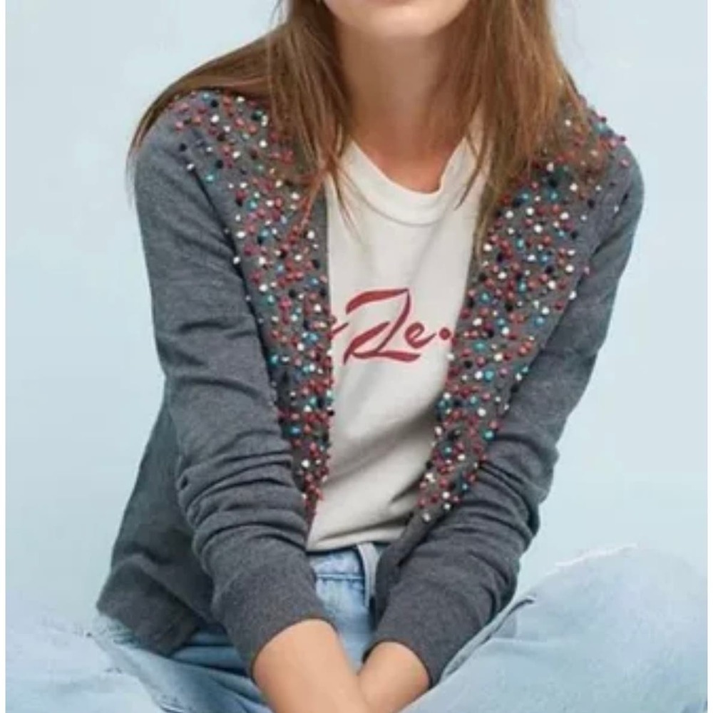 Anthropologie Moth Pom Pom Colorful Confetti Cashmere Cardigan Size Medium